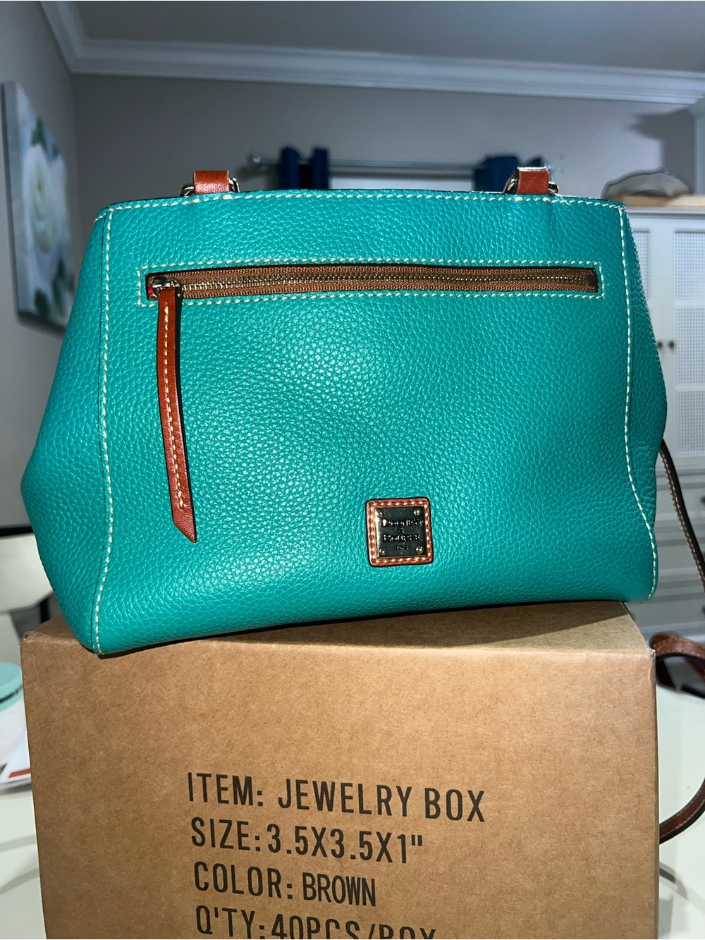Dooney & Bourke Teal Pebbled Leather Crossbody with Brown Trim